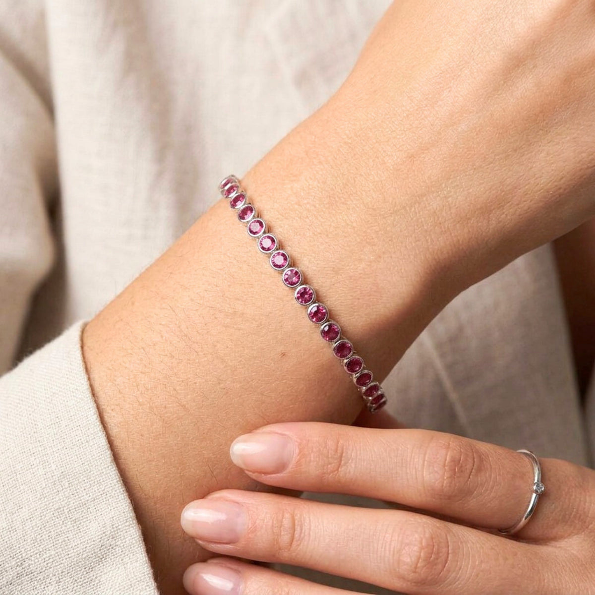 Pink Topaz Bezel Set Tennis Bracelet